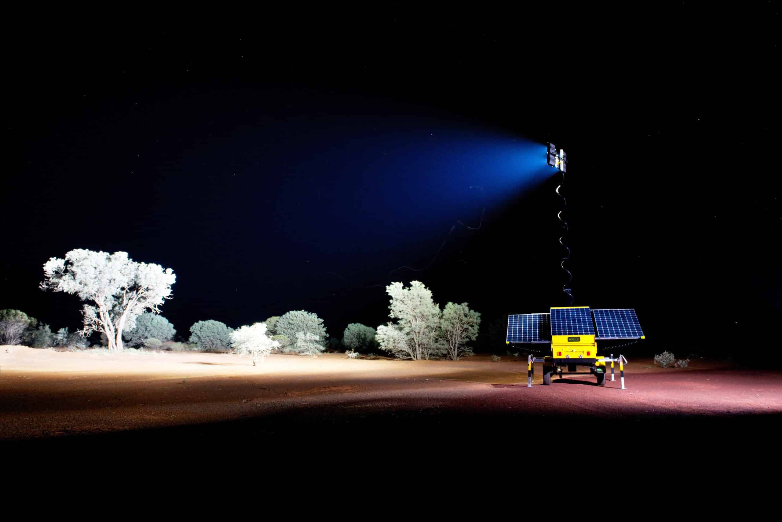 A outback illuminated by an EcoQuip Mobile Solar Light Tower.