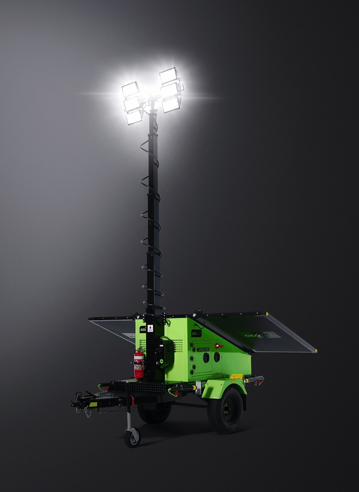 A green truck with a Solar Lighting Solutions light attached to it.
